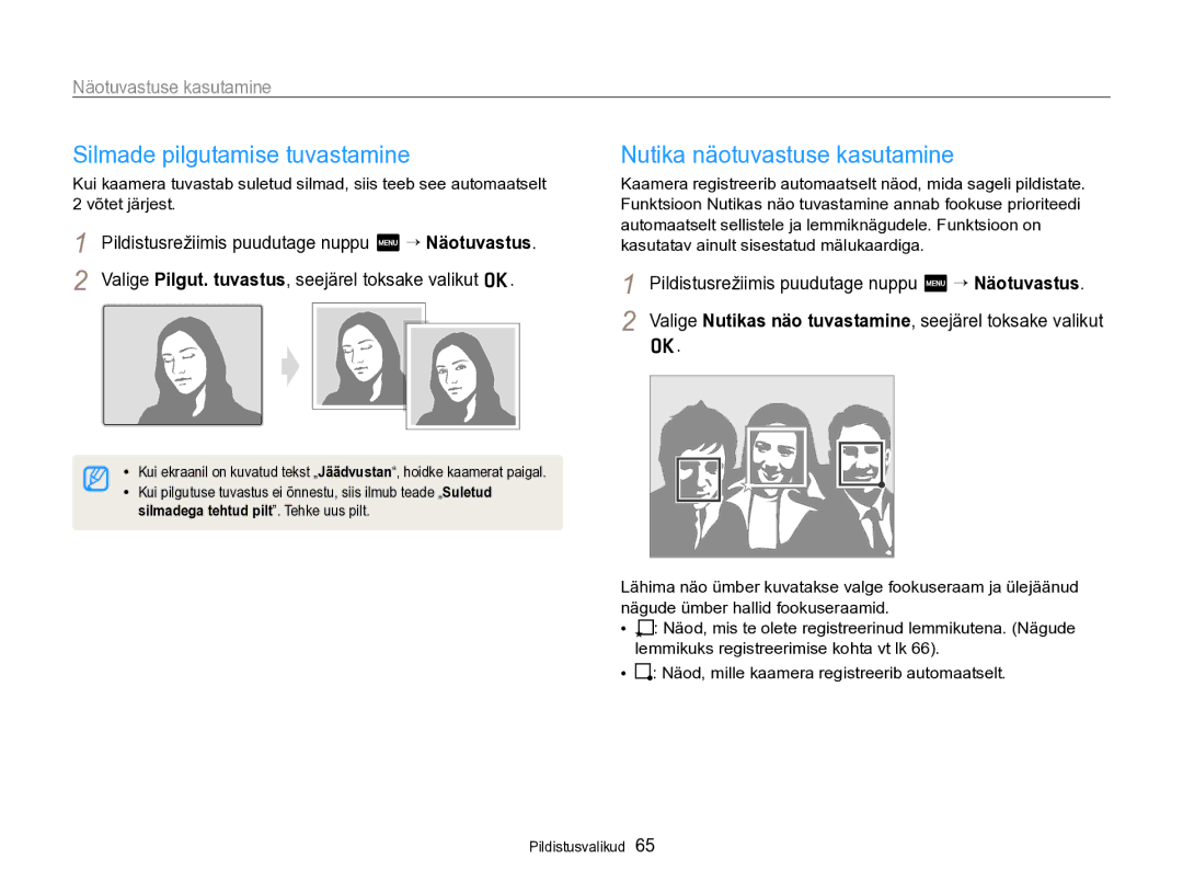 Samsung EC-SH100ZBPBE2 manual Silmade pilgutamise tuvastamine, Nutika näotuvastuse kasutamine 