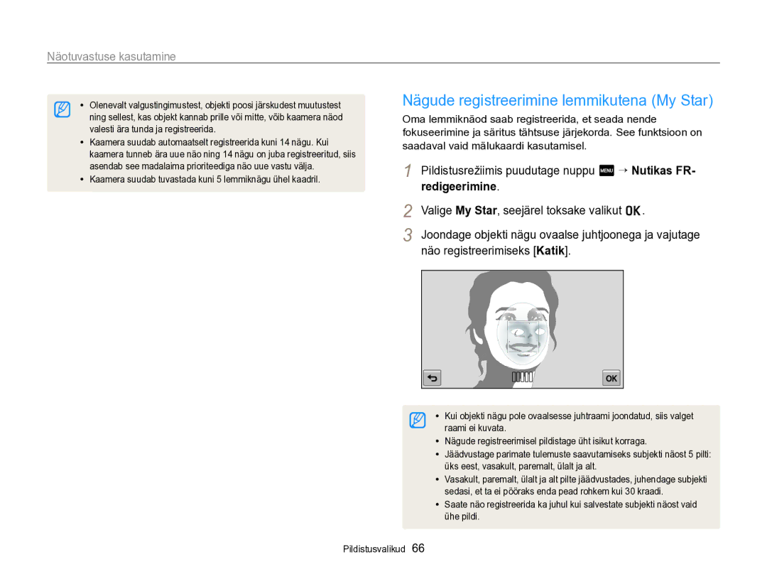 Samsung EC-SH100ZBPBE2 manual Nägude registreerimine lemmikutena My Star, Pildistusrežiimis puudutage nuppu m “ Nutikas FR 