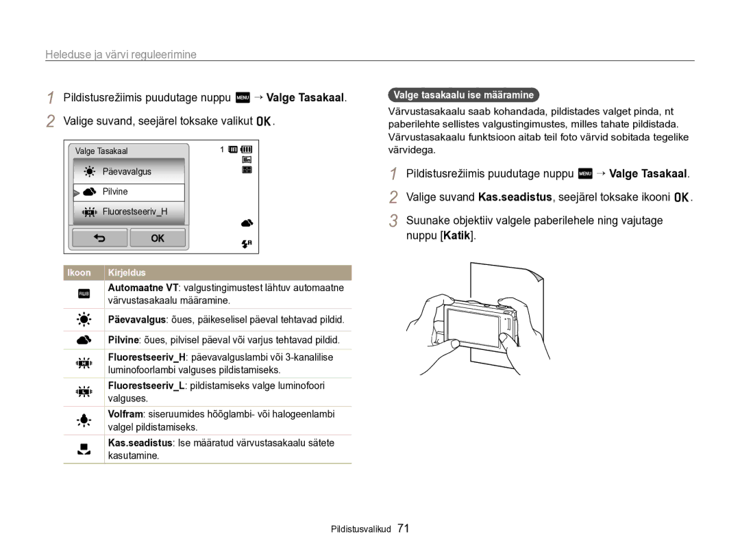 Samsung EC-SH100ZBPBE2 manual Valge tasakaalu ise määramine 