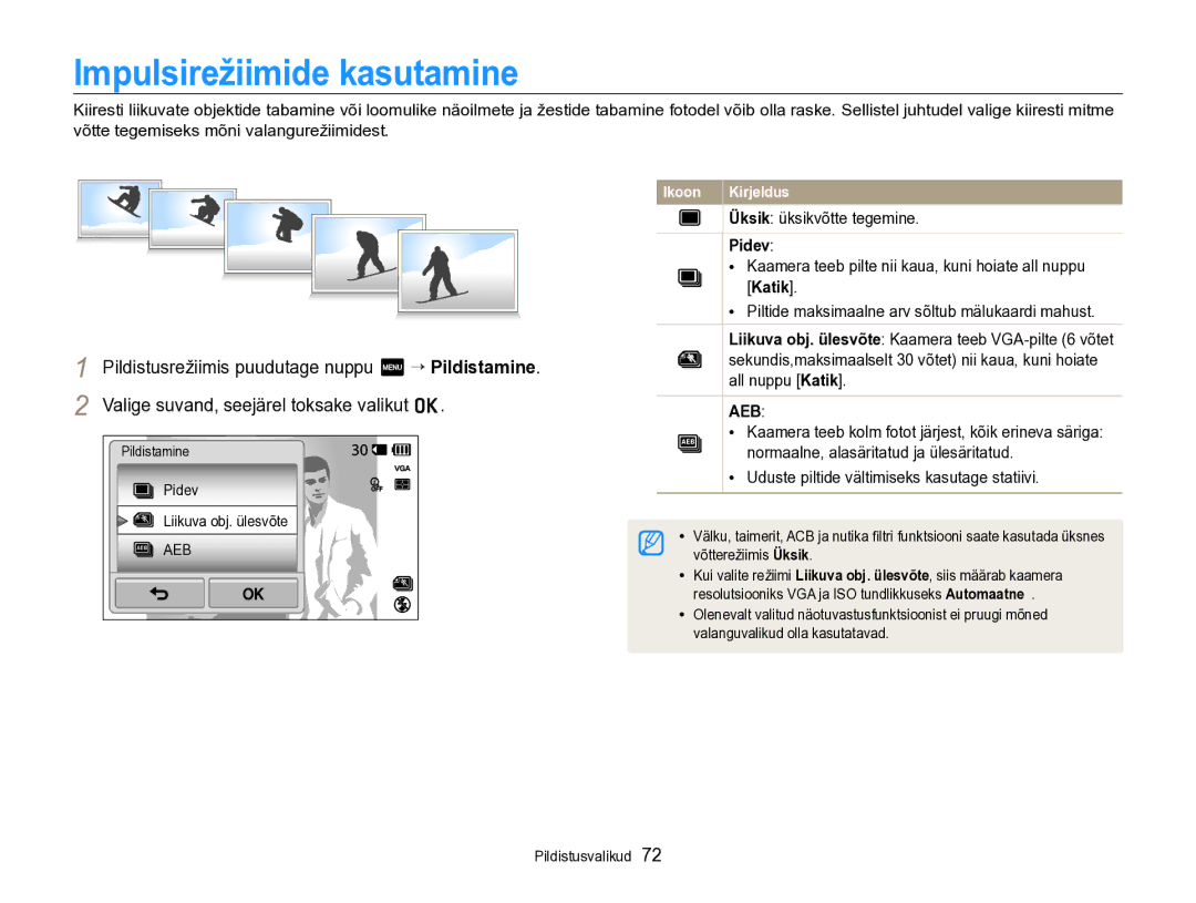 Samsung EC-SH100ZBPBE2 manual Impulsirežiimide kasutamine, Üksik üksikvõtte tegemine, Pidev 