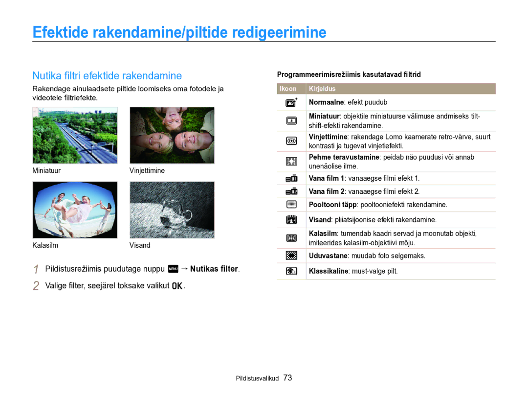 Samsung EC-SH100ZBPBE2 manual Efektide rakendamine/piltide redigeerimine, Nutika ﬁltri efektide rakendamine 