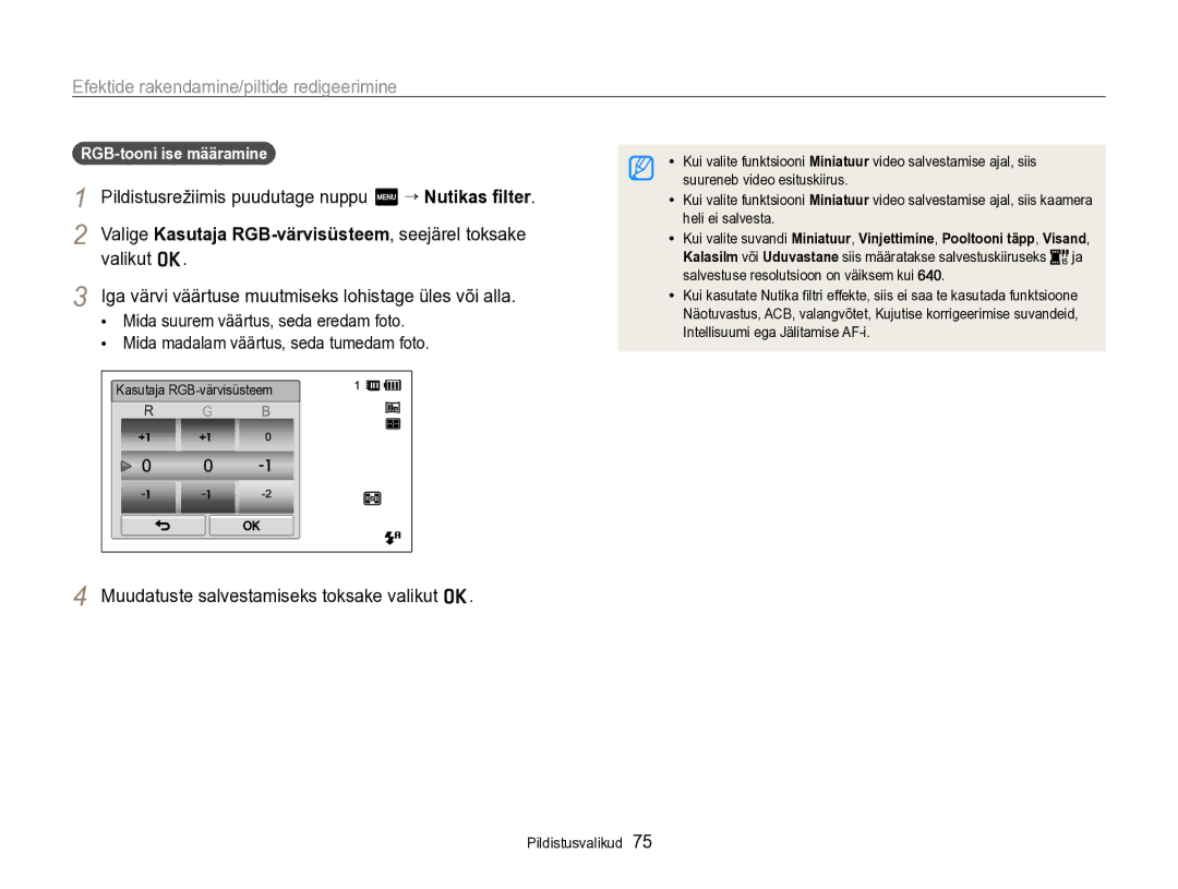 Samsung EC-SH100ZBPBE2 Pildistusrežiimis puudutage nuppu m “ Nutikas ﬁlter, Muudatuste salvestamiseks toksake valikut o 