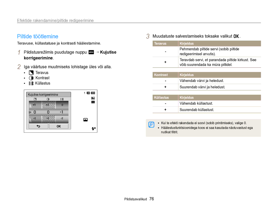 Samsung EC-SH100ZBPBE2 manual Piltide töötlemine, Korrigeerimine 