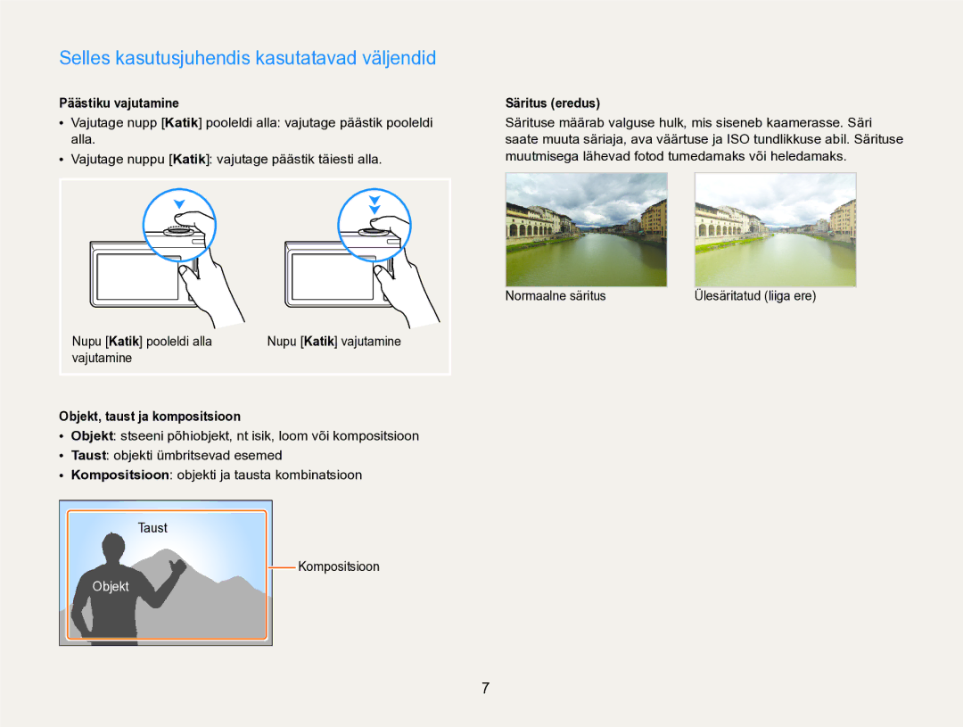 Samsung EC-SH100ZBPBE2 manual Selles kasutusjuhendis kasutatavad väljendid, Päästiku vajutamine, Säritus eredus 