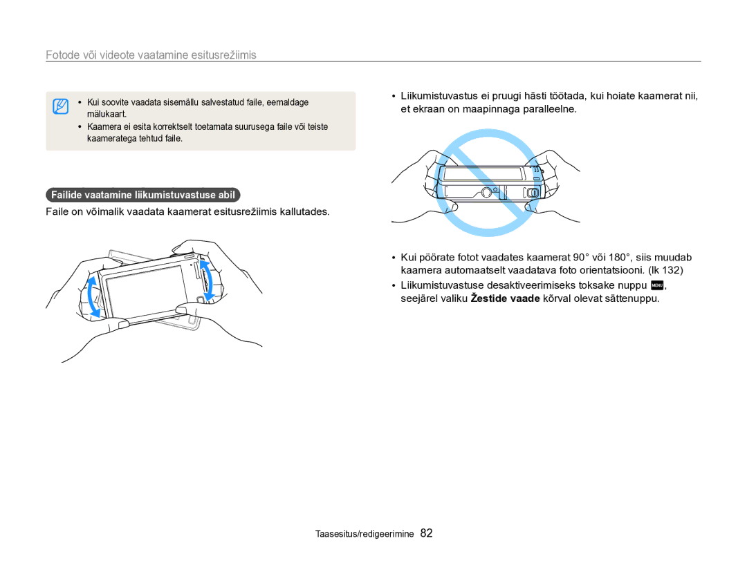 Samsung EC-SH100ZBPBE2 manual Fotode või videote vaatamine esitusrežiimis, Failide vaatamine liikumistuvastuse abil 