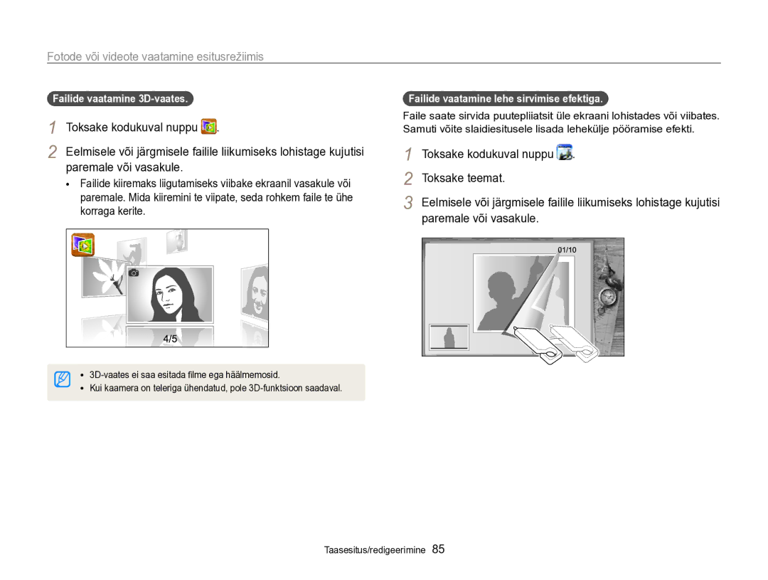 Samsung EC-SH100ZBPBE2 manual Paremale või vasakule, Toksake teemat, Failide vaatamine 3D-vaates 