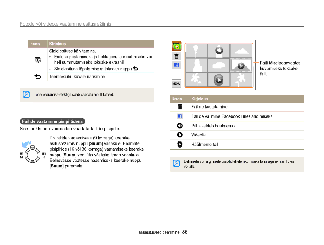 Samsung EC-SH100ZBPBE2 manual Slaidiesituse käivitamine, Failide vaatamine pisipiltidena 