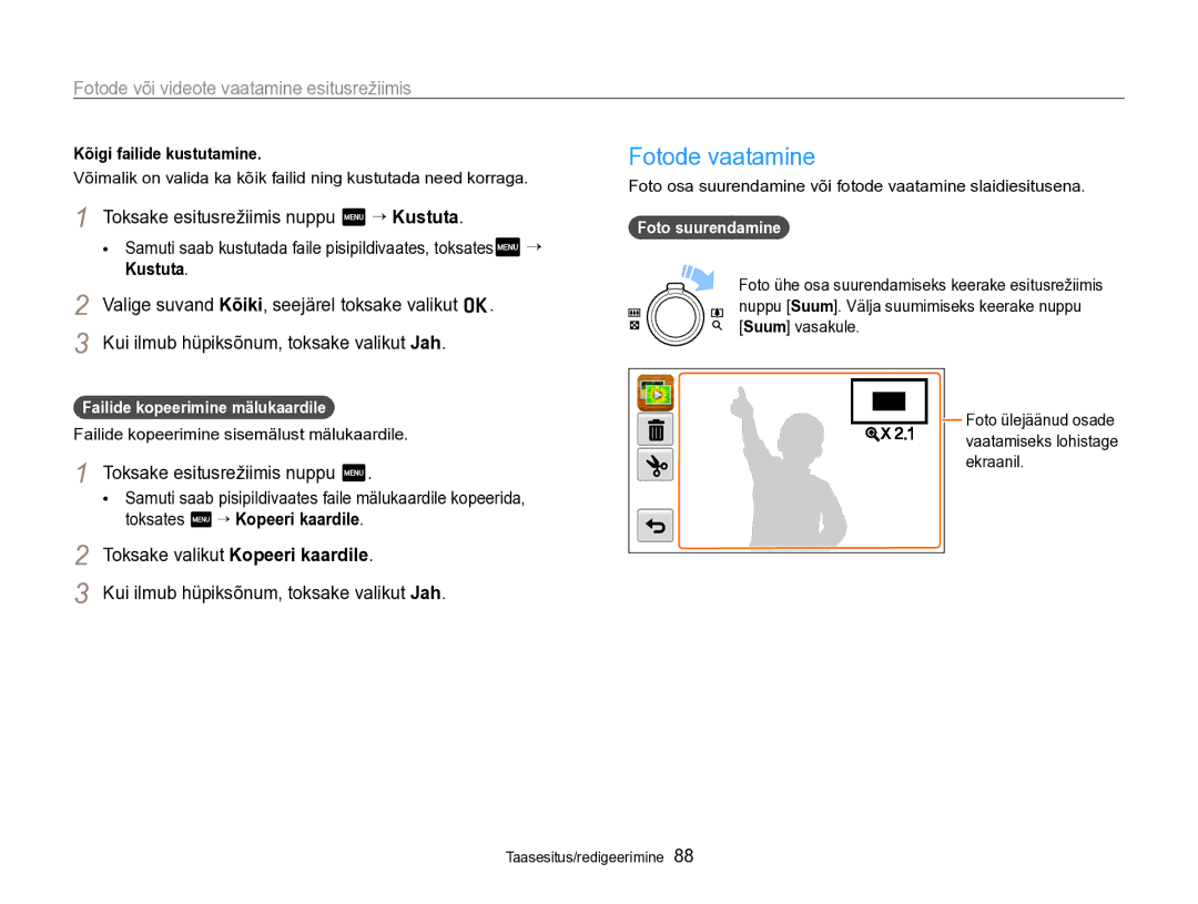 Samsung EC-SH100ZBPBE2 manual Fotode vaatamine, Toksake esitusrežiimis nuppu m “ Kustuta, Failide kopeerimine mälukaardile 