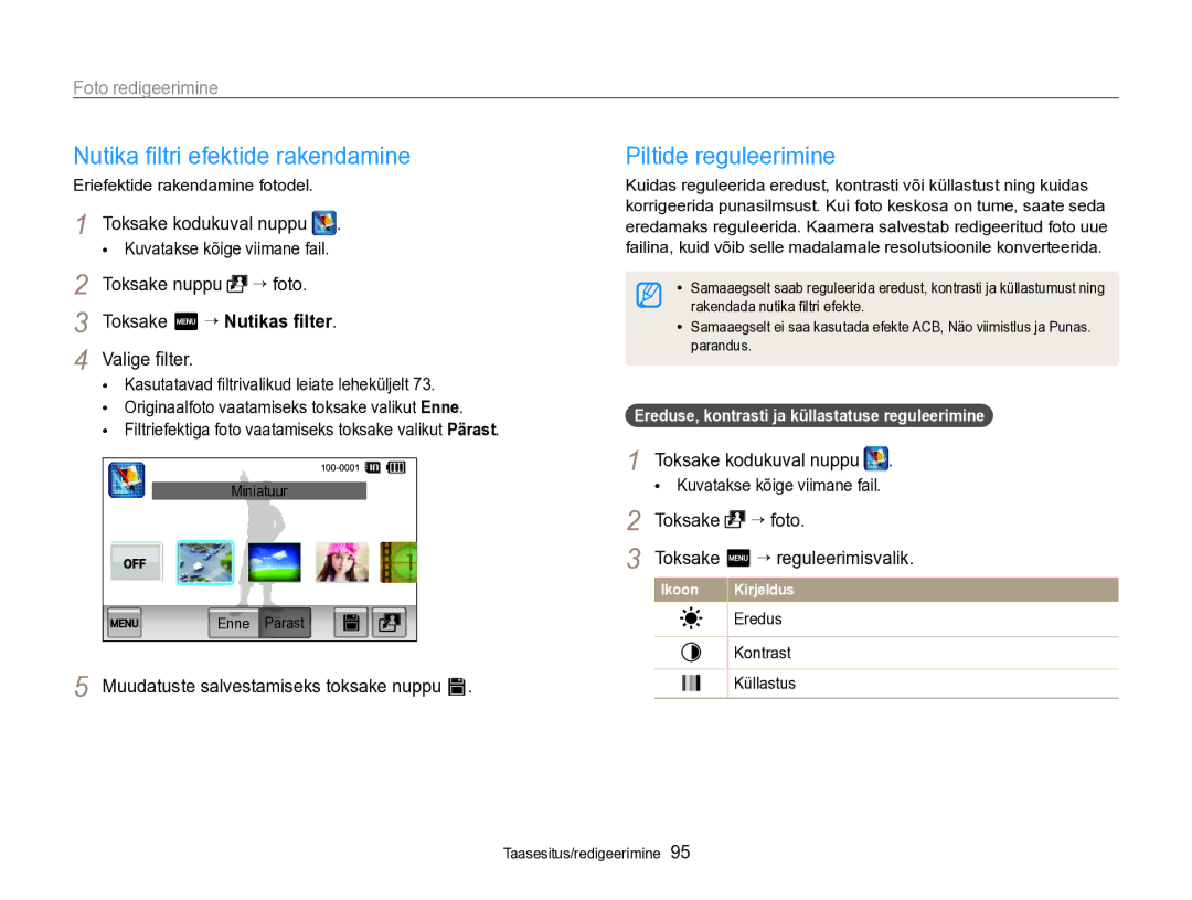 Samsung EC-SH100ZBPBE2 manual Piltide reguleerimine, Toksake m “ Nutikas ﬁlter 