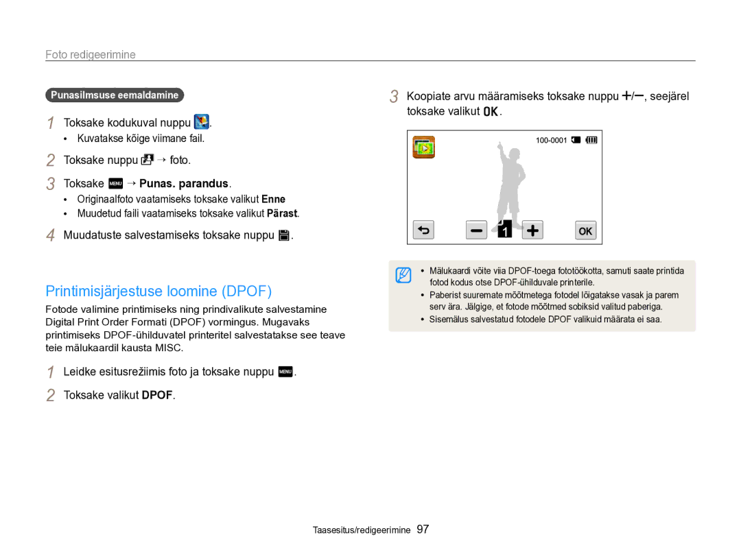 Samsung EC-SH100ZBPBE2 manual Printimisjärjestuse loomine Dpof, Punasilmsuse eemaldamine, Toksake m “ Punas. parandus 