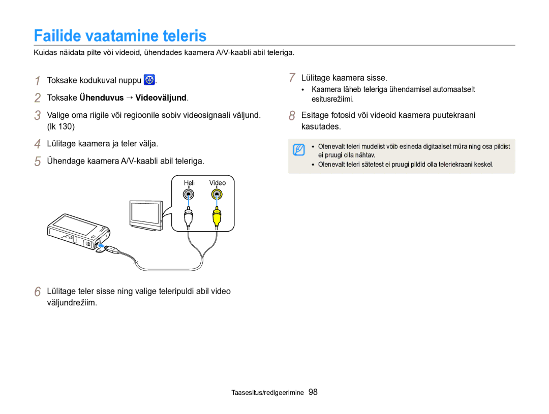 Samsung EC-SH100ZBPBE2 manual Failide vaatamine teleris, Lülitage kaamera ja teler välja, Lülitage kaamera sisse 