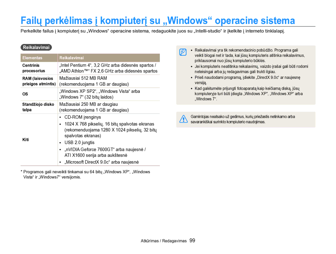 Samsung EC-SH100ZBPBE2 manual Failų perkėlimas į kompiuterį su „Windows operacine sistema, Reikalavimai 