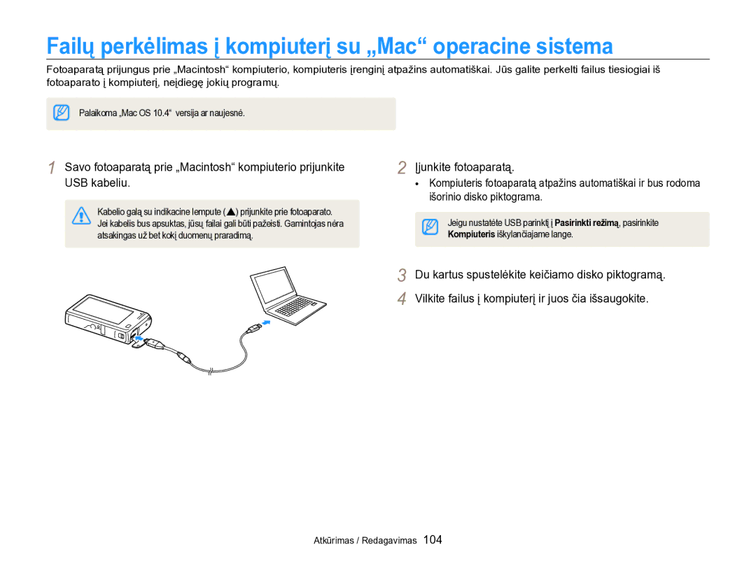 Samsung EC-SH100ZBPBE2 manual Failų perkėlimas į kompiuterį su „Mac operacine sistema 