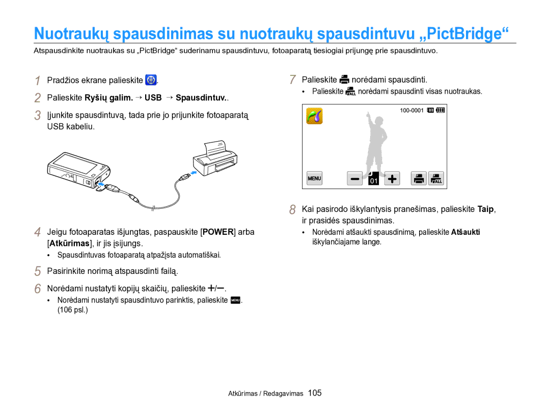 Samsung EC-SH100ZBPBE2 Pradžios ekrane palieskite, USB kabeliu, Atkūrimas, ir jis įsijungs, Palieskite norėdami spausdinti 