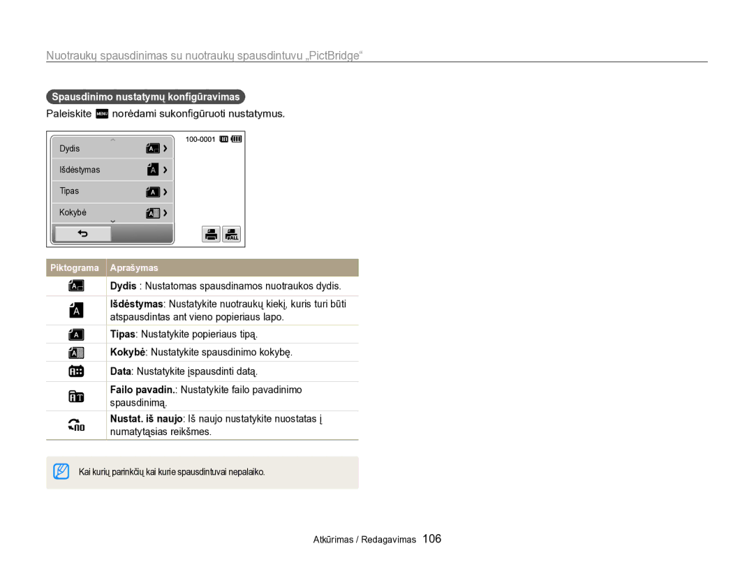 Samsung EC-SH100ZBPBE2 manual Spausdinimo nustatymų konﬁgūravimas, Paleiskite m norėdami sukonﬁgūruoti nustatymus 