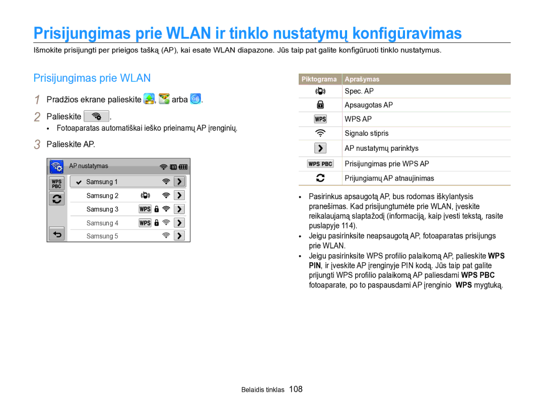 Samsung EC-SH100ZBPBE2 manual Prisijungimas prie Wlan ir tinklo nustatymų konﬁgūravimas, Arba Palieskite, Palieskite AP 