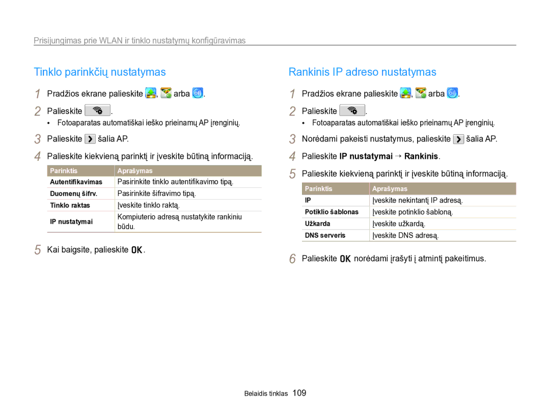 Samsung EC-SH100ZBPBE2 manual Tinklo parinkčių nustatymas, Rankinis IP adreso nustatymas, Šalia AP 