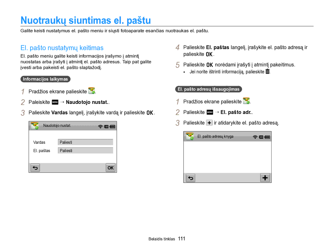 Samsung EC-SH100ZBPBE2 manual Nuotraukų siuntimas el. paštu, El. pašto nustatymų keitimas, Paleiskite m “ Naudotojo nustat 