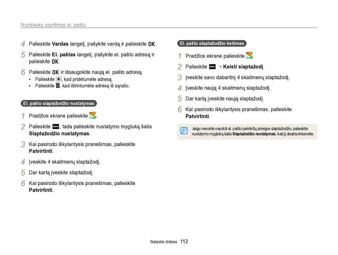 Samsung EC-SH100ZBPBE2 manual Nuotraukų siuntimas el. paštu, Slaptažodžio nustatymas, Patvirtinti 