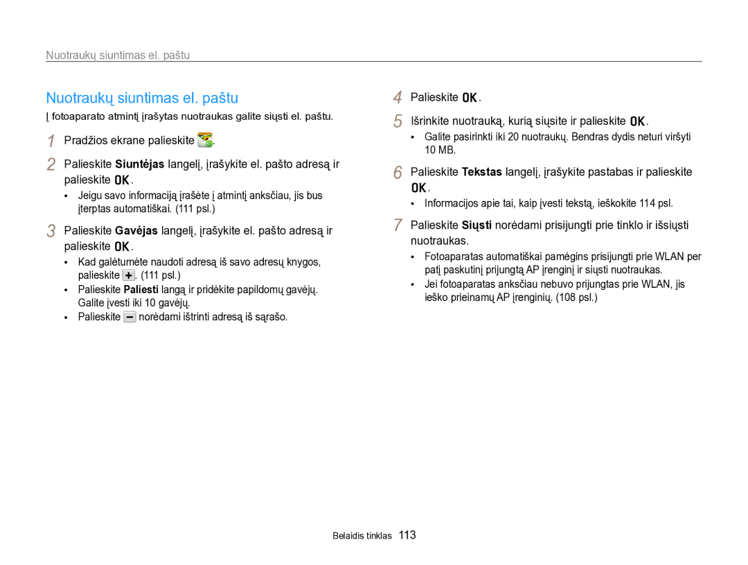 Samsung EC-SH100ZBPBE2 manual Nuotraukų siuntimas el. paštu, Išrinkite nuotrauką, kurią siųsite ir palieskite o, 10 MB 