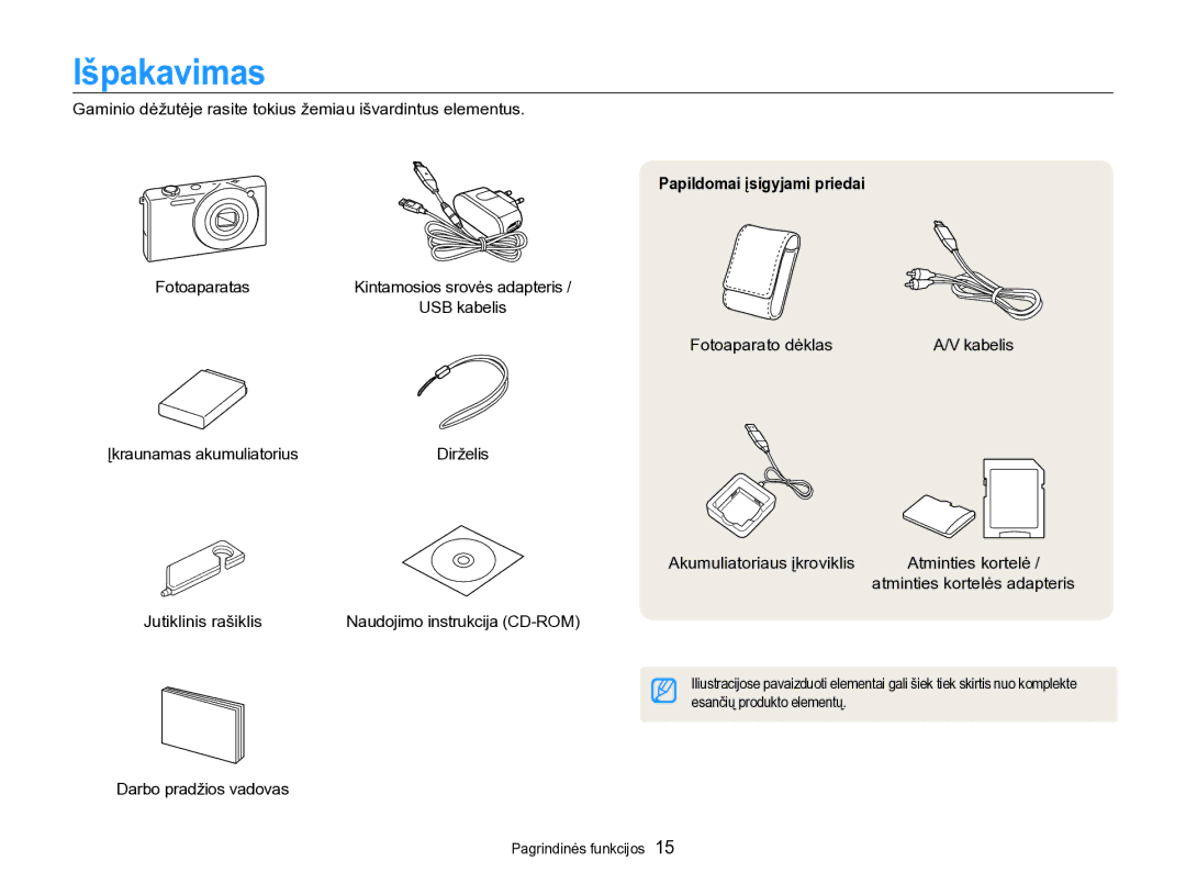 Samsung EC-SH100ZBPBE2 manual Išpakavimas, Papildomai įsigyjami priedai 