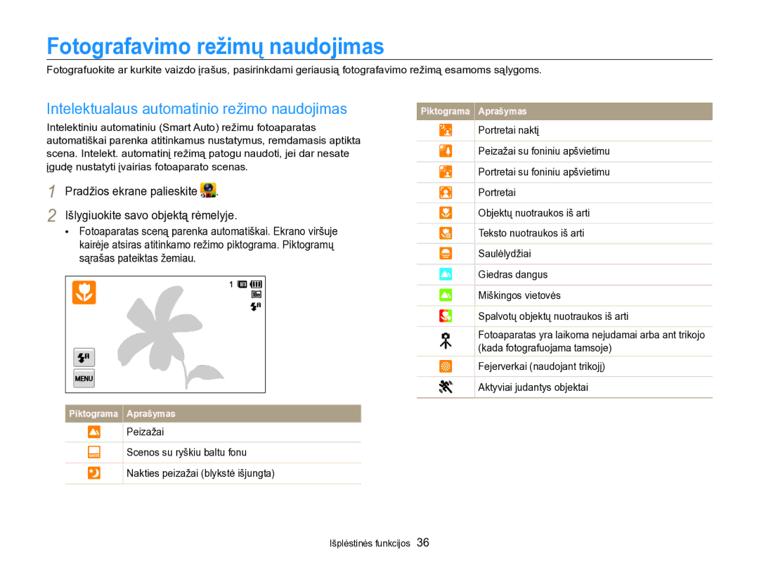 Samsung EC-SH100ZBPBE2 manual Fotografavimo režimų naudojimas, Intelektualaus automatinio režimo naudojimas 