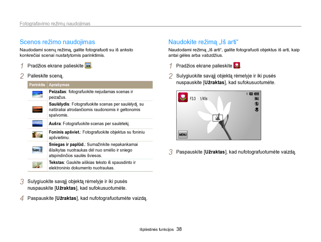 Samsung EC-SH100ZBPBE2 manual Scenos režimo naudojimas, Naudokite režimą „Iš arti, Palieskite sceną 