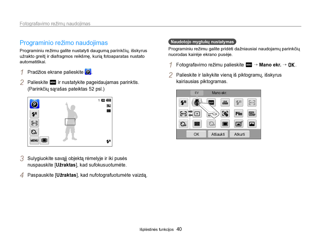 Samsung EC-SH100ZBPBE2 Programinio režimo naudojimas, Parinkčių sąrašas pateiktas 52 psl, Naudotojo mygtukų nustatymas 