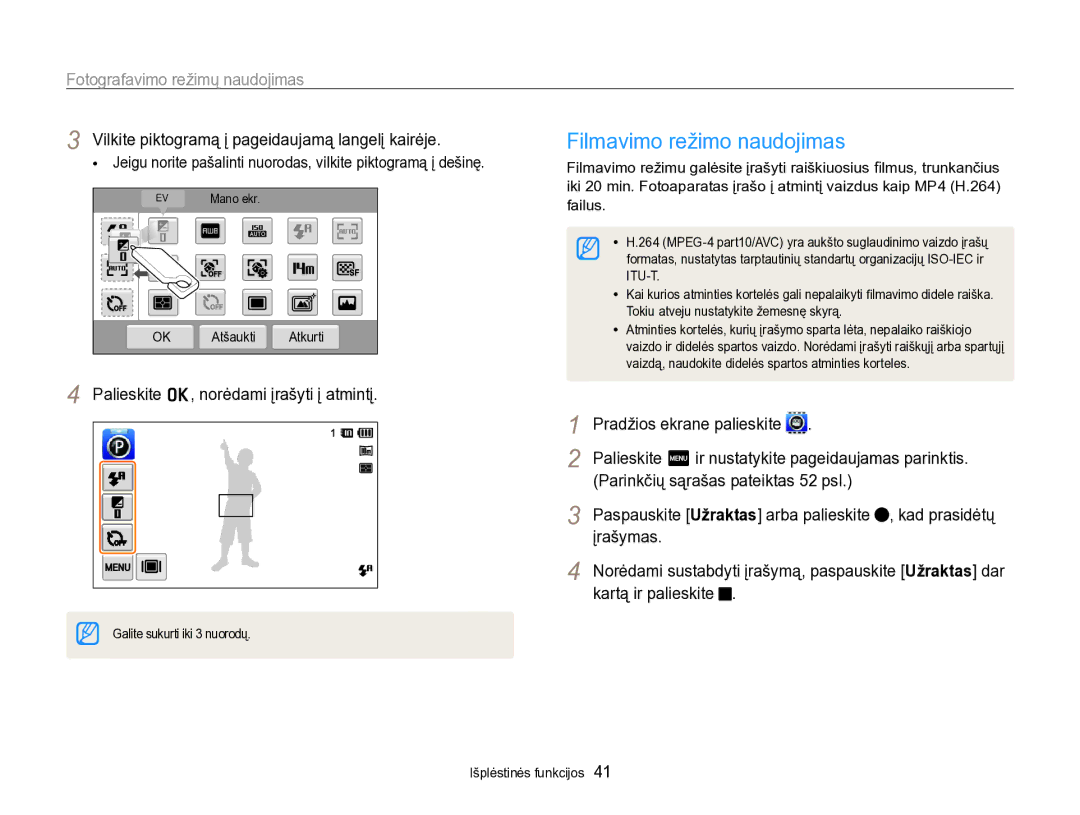 Samsung EC-SH100ZBPBE2 manual Filmavimo režimo naudojimas, Vilkite piktogramą į pageidaujamą langelį kairėje, Įrašymas 