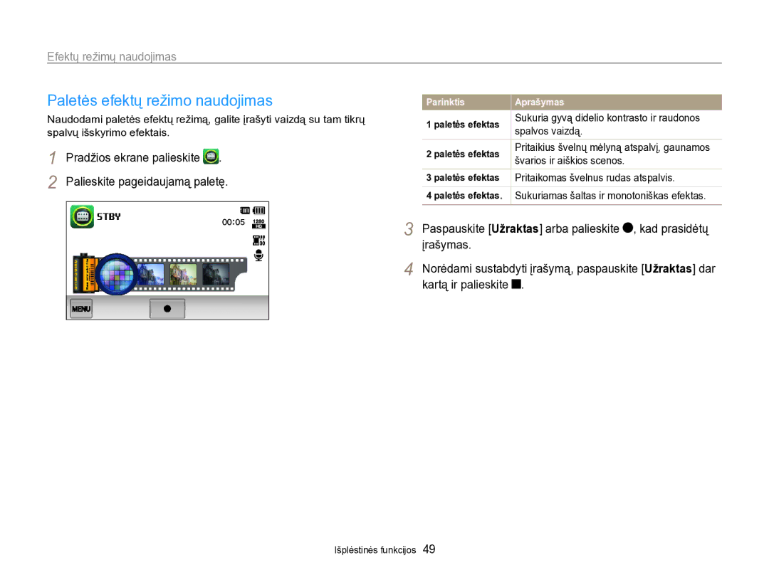 Samsung EC-SH100ZBPBE2 manual Paletės efektų režimo naudojimas, Spalvos vaizdą, Švarios ir aiškios scenos 