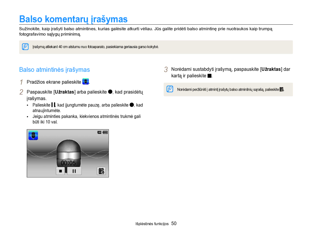 Samsung EC-SH100ZBPBE2 manual Balso komentarų įrašymas, Balso atmintinės įrašymas 