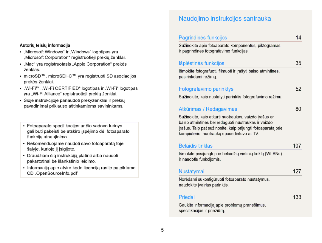 Samsung EC-SH100ZBPBE2 manual Naudojimo instrukcijos santrauka, Autorių teisių informacija 