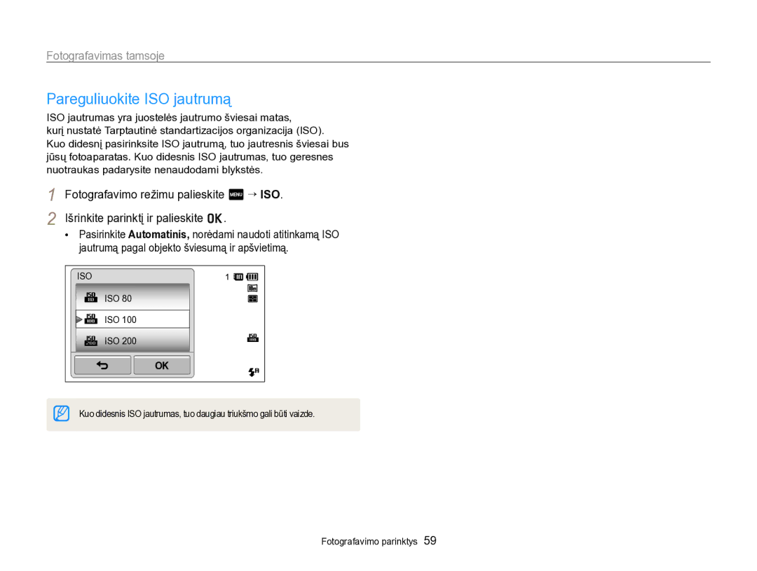 Samsung EC-SH100ZBPBE2 manual Pareguliuokite ISO jautrumą, Iso 