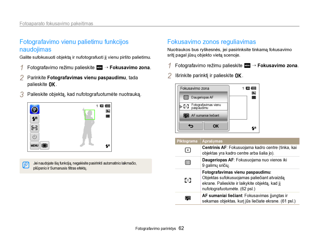 Samsung EC-SH100ZBPBE2 manual Fotografavimo vienu palietimu funkcijos naudojimas, Fokusavimo zonos reguliavimas 