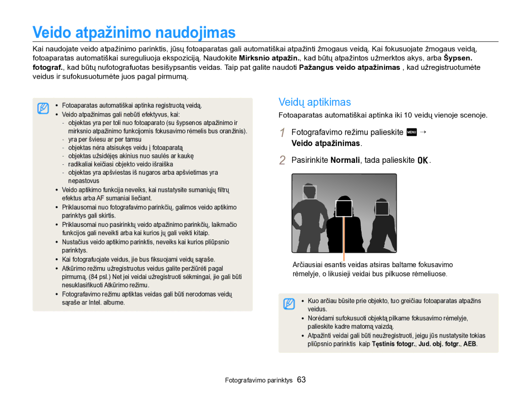 Samsung EC-SH100ZBPBE2 Veido atpažinimo naudojimas, Veidų aptikimas, Fotografavimo režimu palieskite m “ Veido atpažinimas 