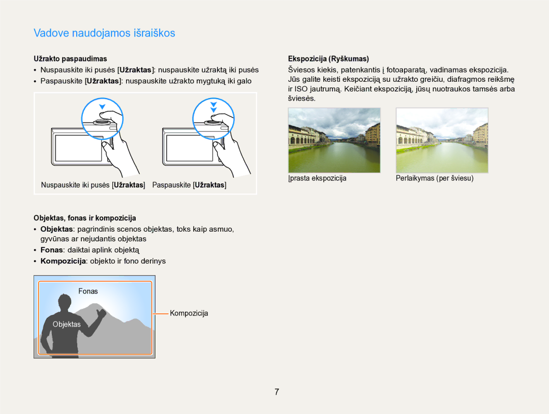 Samsung EC-SH100ZBPBE2 manual Vadove naudojamos išraiškos, Užrakto paspaudimas, Objektas, fonas ir kompozicija 