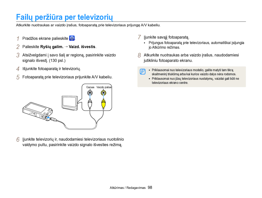 Samsung EC-SH100ZBPBE2 manual Failų peržiūra per televizorių, Palieskite Ryšių galim. “ Vaizd. išvestis 