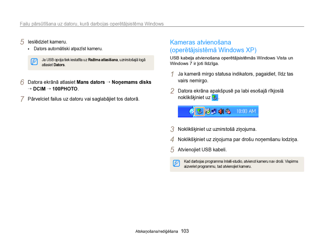 Samsung EC-SH100ZBPBE2 manual Kameras atvienošana Operētājsistēmā Windows XP, Dators automātiski atpazīst kameru 