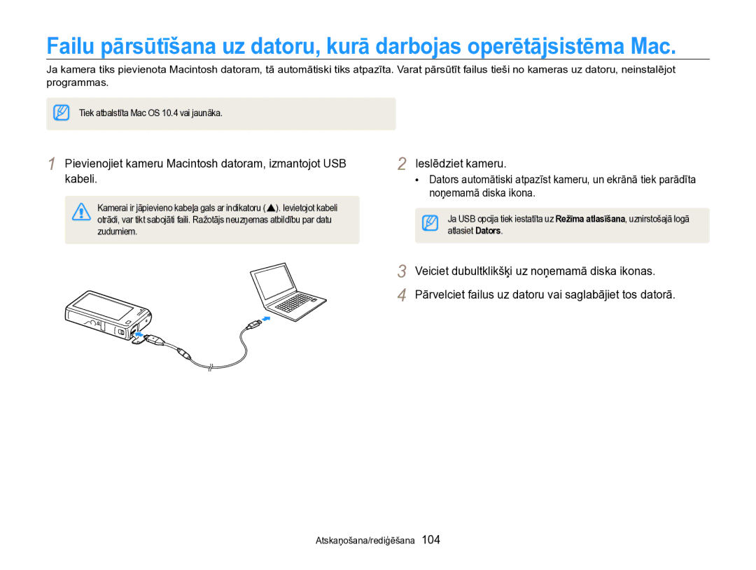 Samsung EC-SH100ZBPBE2 manual Pievienojiet kameru Macintosh datoram, izmantojot USB kabeli 