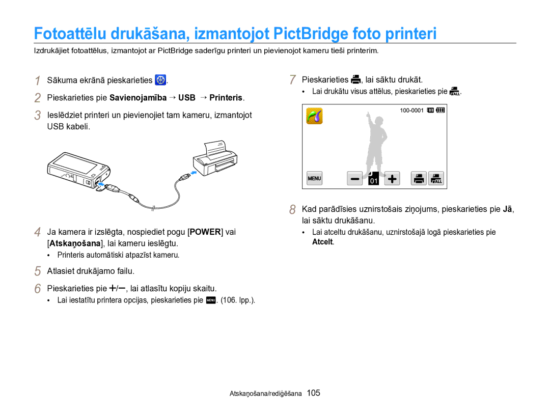 Samsung EC-SH100ZBPBE2 manual Fotoattēlu drukāšana, izmantojot PictBridge foto printeri 