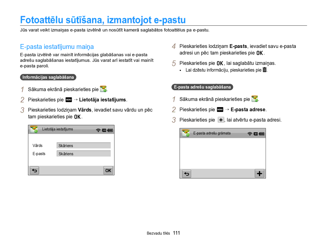 Samsung EC-SH100ZBPBE2 manual Fotoattēlu sūtīšana, izmantojot e-pastu, Pasta iestatījumu maiņa 