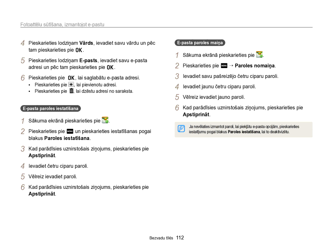 Samsung EC-SH100ZBPBE2 manual Fotoattēlu sūtīšana, izmantojot e-pastu, Blakus Paroles iestatīšana, Apstiprināt 