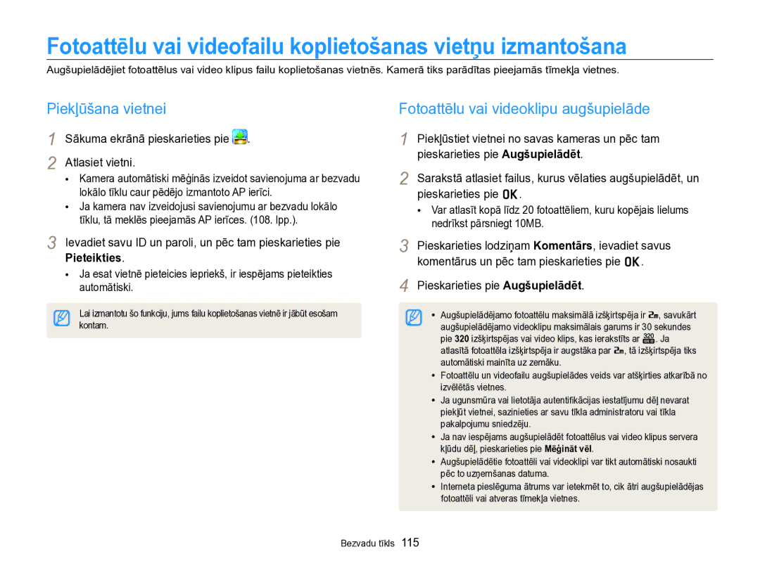 Samsung EC-SH100ZBPBE2 manual Fotoattēlu vai videofailu koplietošanas vietņu izmantošana, Pieskarieties pie o, Pieteikties 