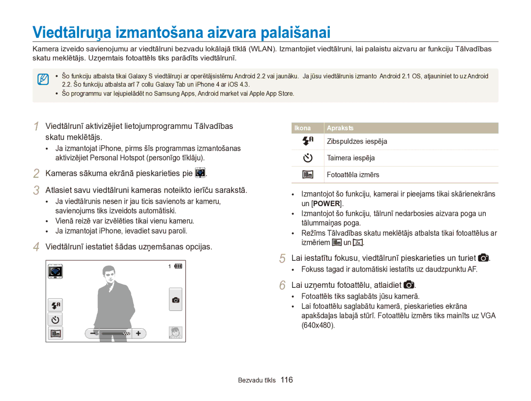 Samsung EC-SH100ZBPBE2 manual Viedtālruņa izmantošana aizvara palaišanai, Kameras sākuma ekrānā pieskarieties pie 