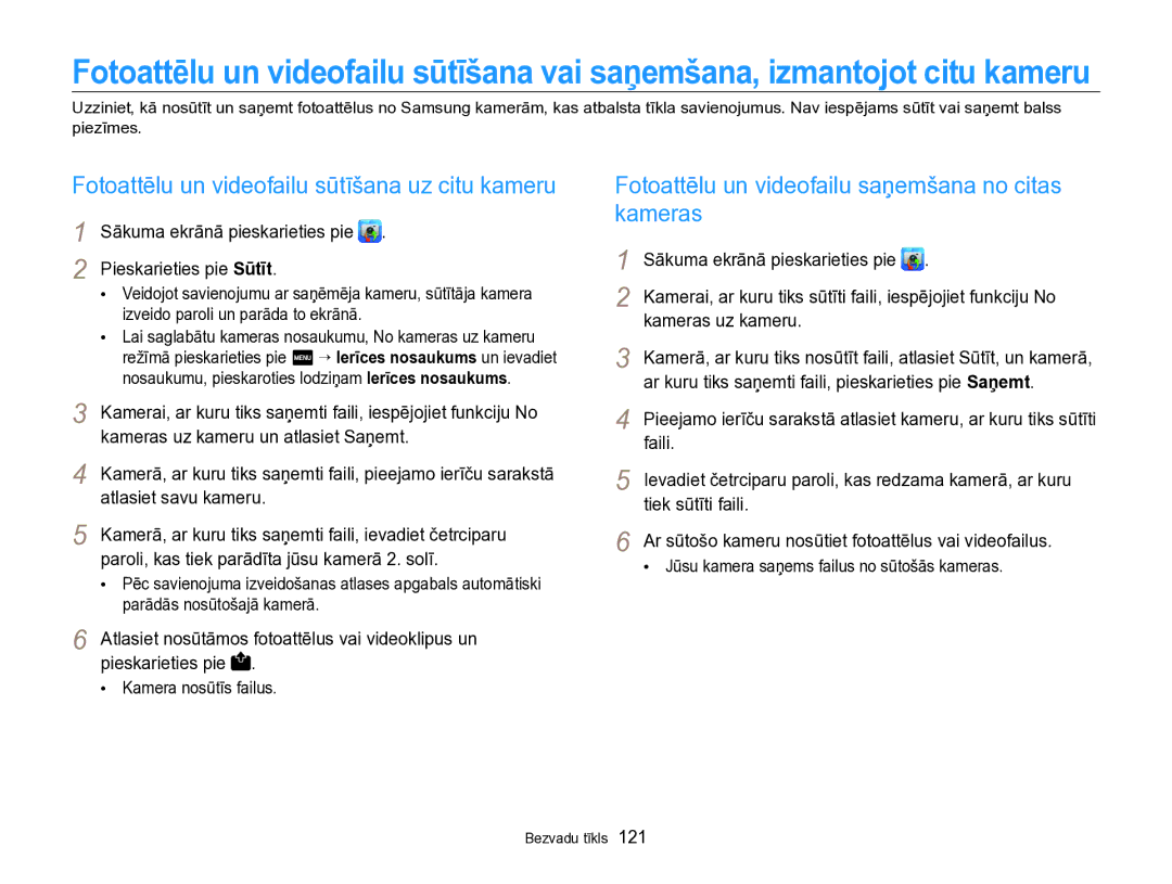 Samsung EC-SH100ZBPBE2 manual Fotoattēlu un videofailu sūtīšana uz citu kameru 