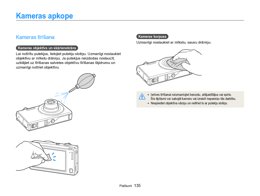 Samsung EC-SH100ZBPBE2 manual Kameras apkope, Kameras tīrīšana, Kameras objektīvs un skārienekrāns, Kameras korpuss 