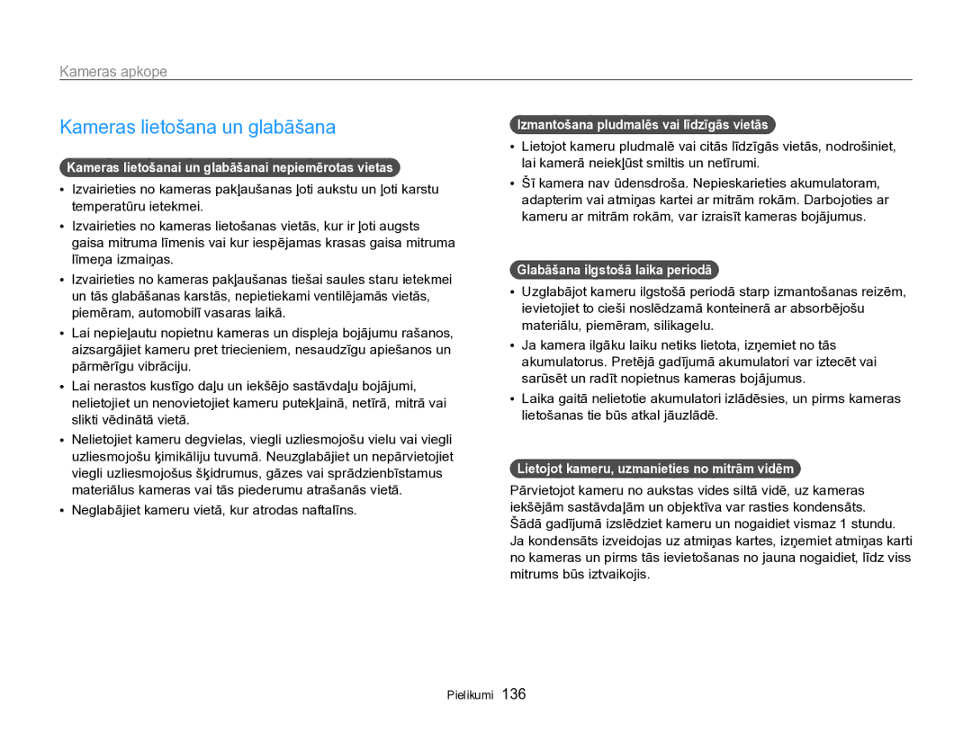 Samsung EC-SH100ZBPBE2 manual Kameras lietošana un glabāšana, Kameras apkope 