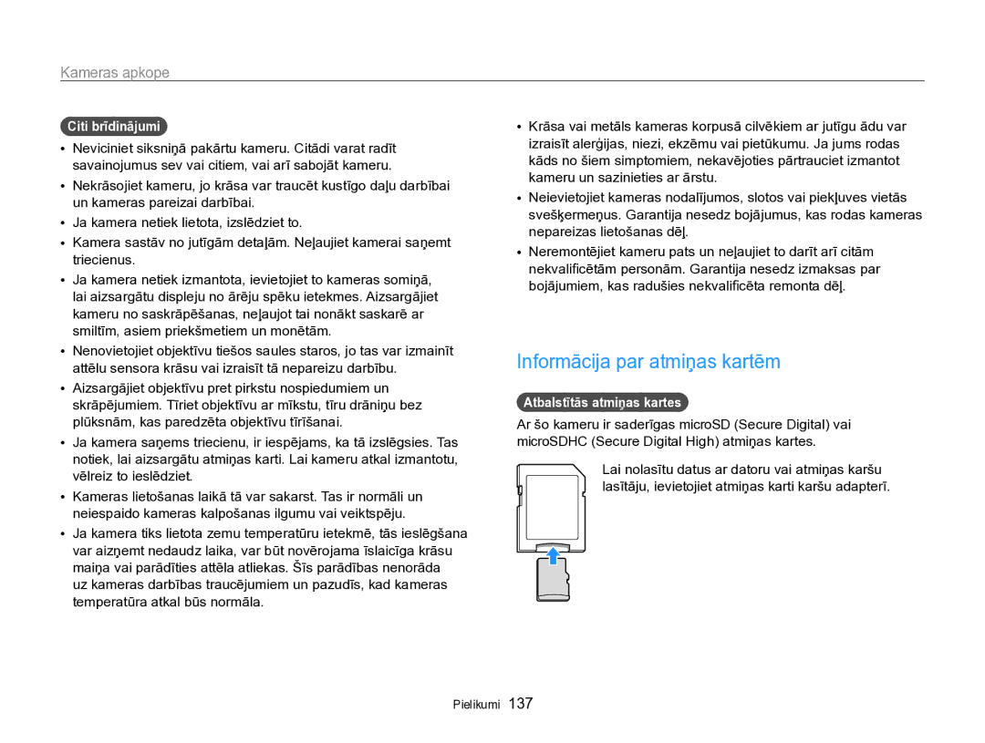 Samsung EC-SH100ZBPBE2 manual Informācija par atmiņas kartēm, Citi brīdinājumi, Atbalstītās atmiņas kartes 