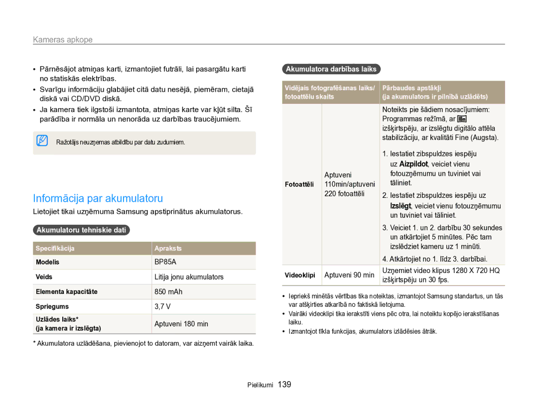 Samsung EC-SH100ZBPBE2 manual Informācija par akumulatoru, Akumulatoru tehniskie dati, Akumulatora darbības laiks 