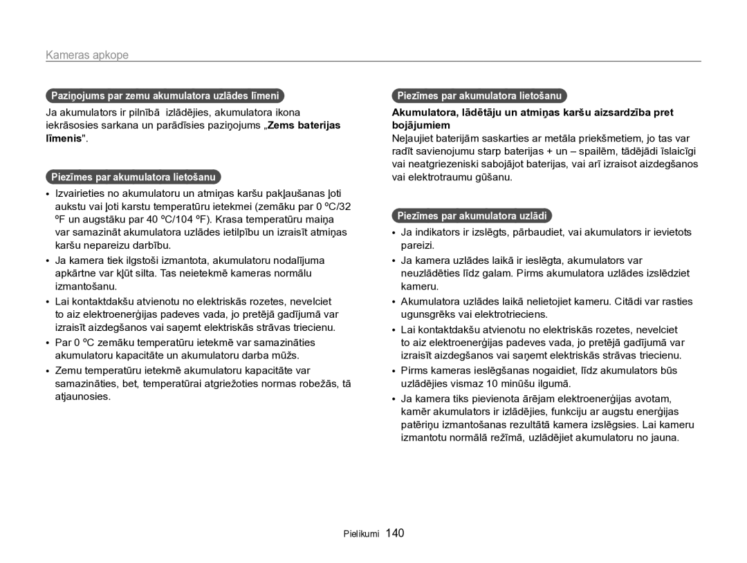 Samsung EC-SH100ZBPBE2 manual Paziņojums par zemu akumulatora uzlādes līmeni, Līmenis, Piezīmes par akumulatora lietošanu 